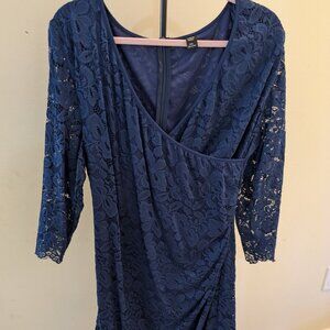 Navy Lace Wrap Style Dress - Ruched Waist - 3/4 Sleeves - Plus Size 3xl